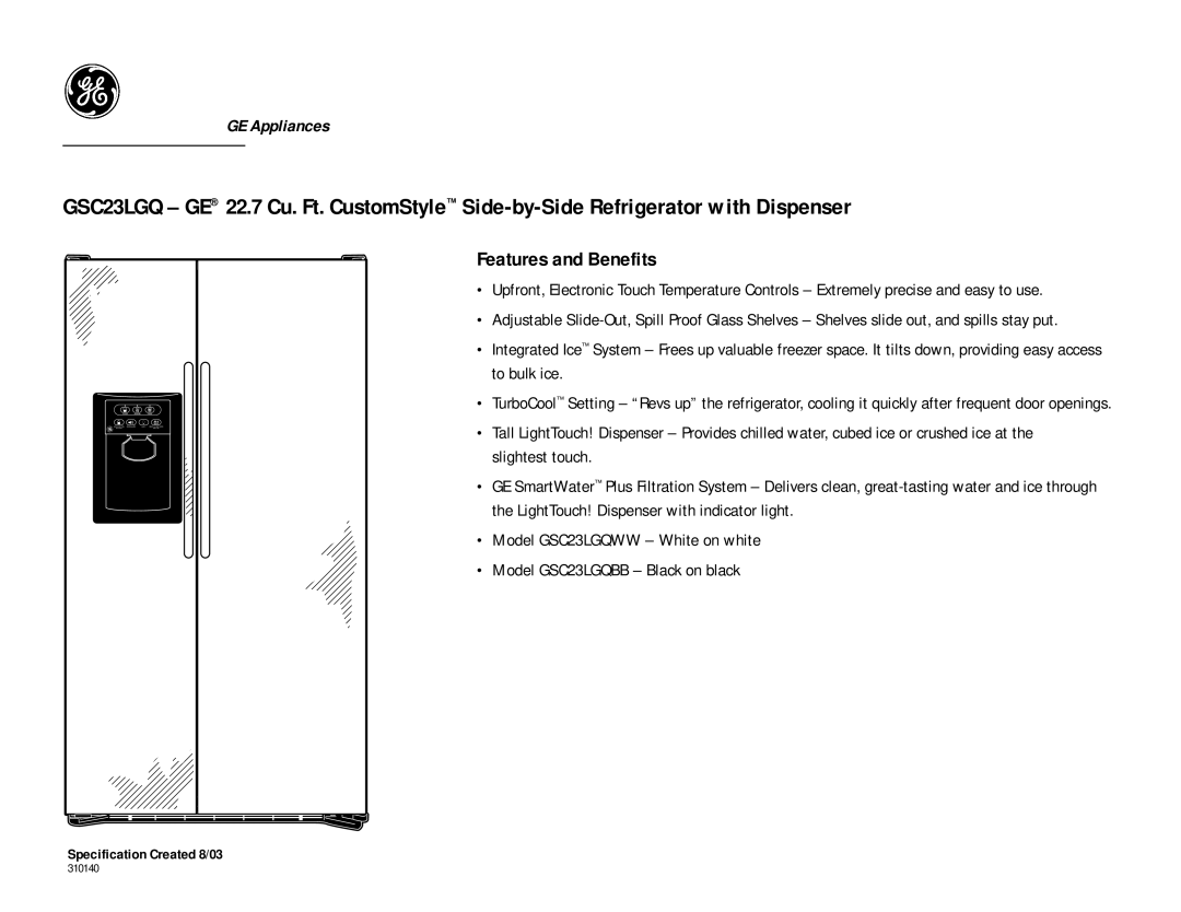 GE GSC23LGQWW, GSC23LGQBB dimensions Features and Benefits 