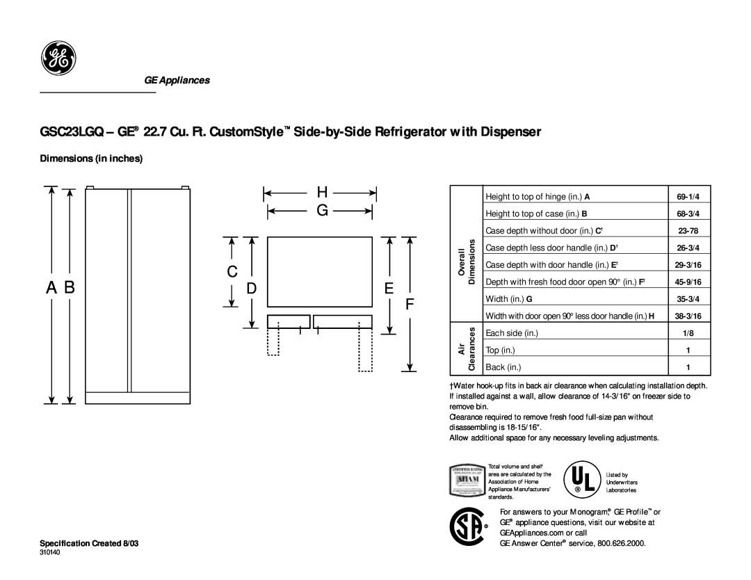 GE GSC23LGQWW, GSC23LGQBB dimensions GE Appliances, Dimensions in inches 