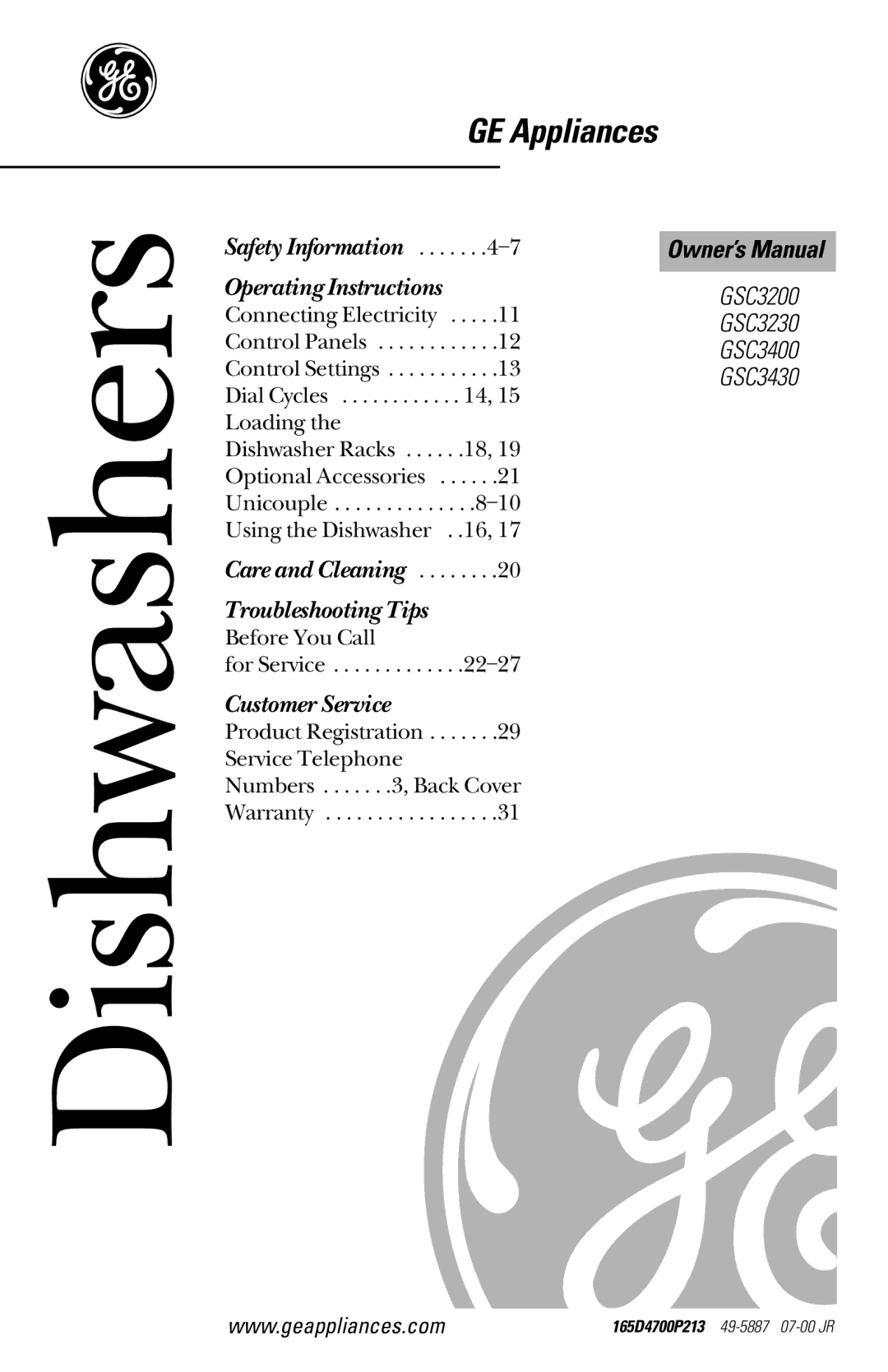 GE GSC3200 owner manual GSC3230, GSC3400, GSC3430 