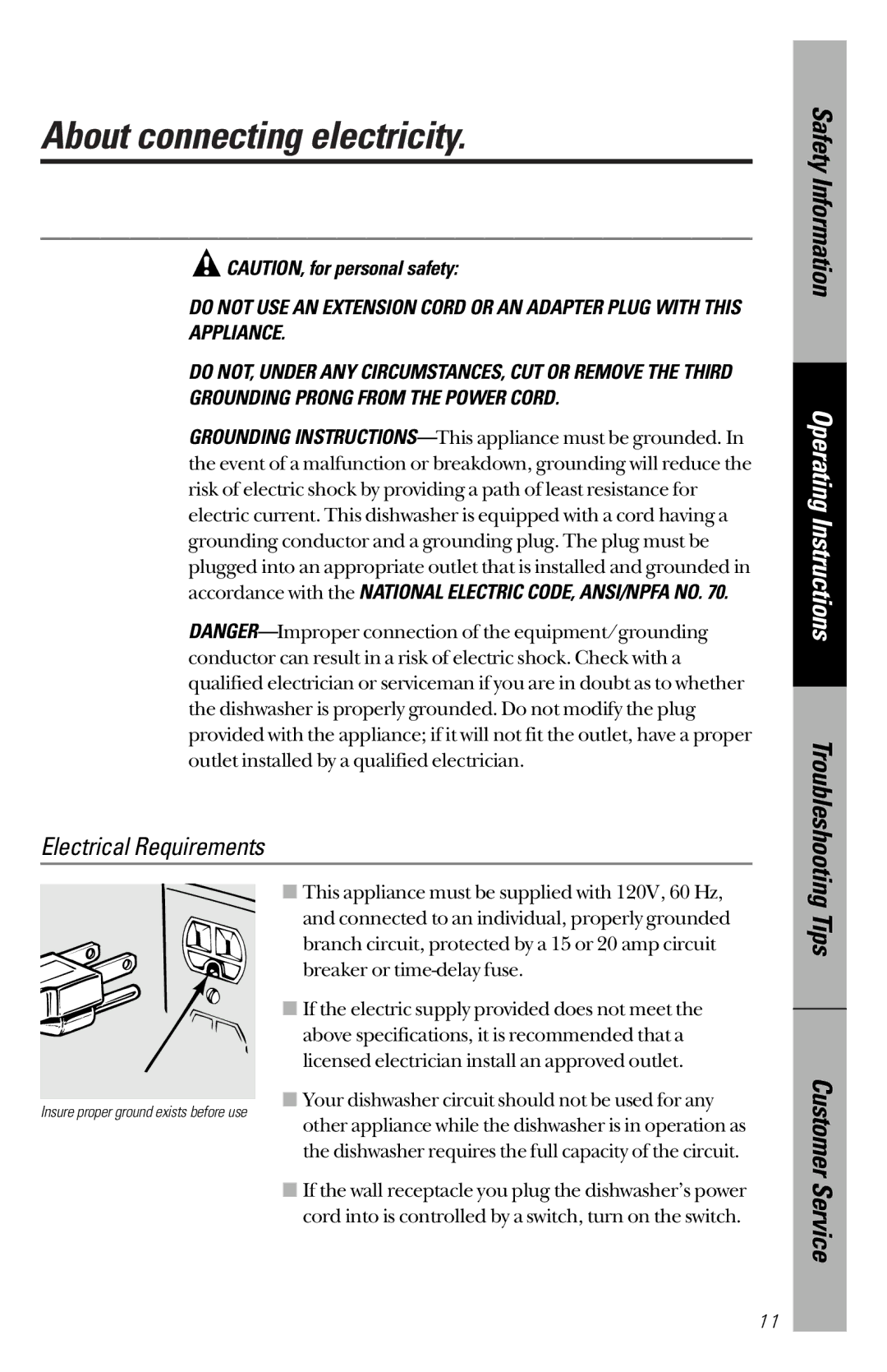 GE GSC3200 owner manual About connecting electricity, Electrical Requirements 