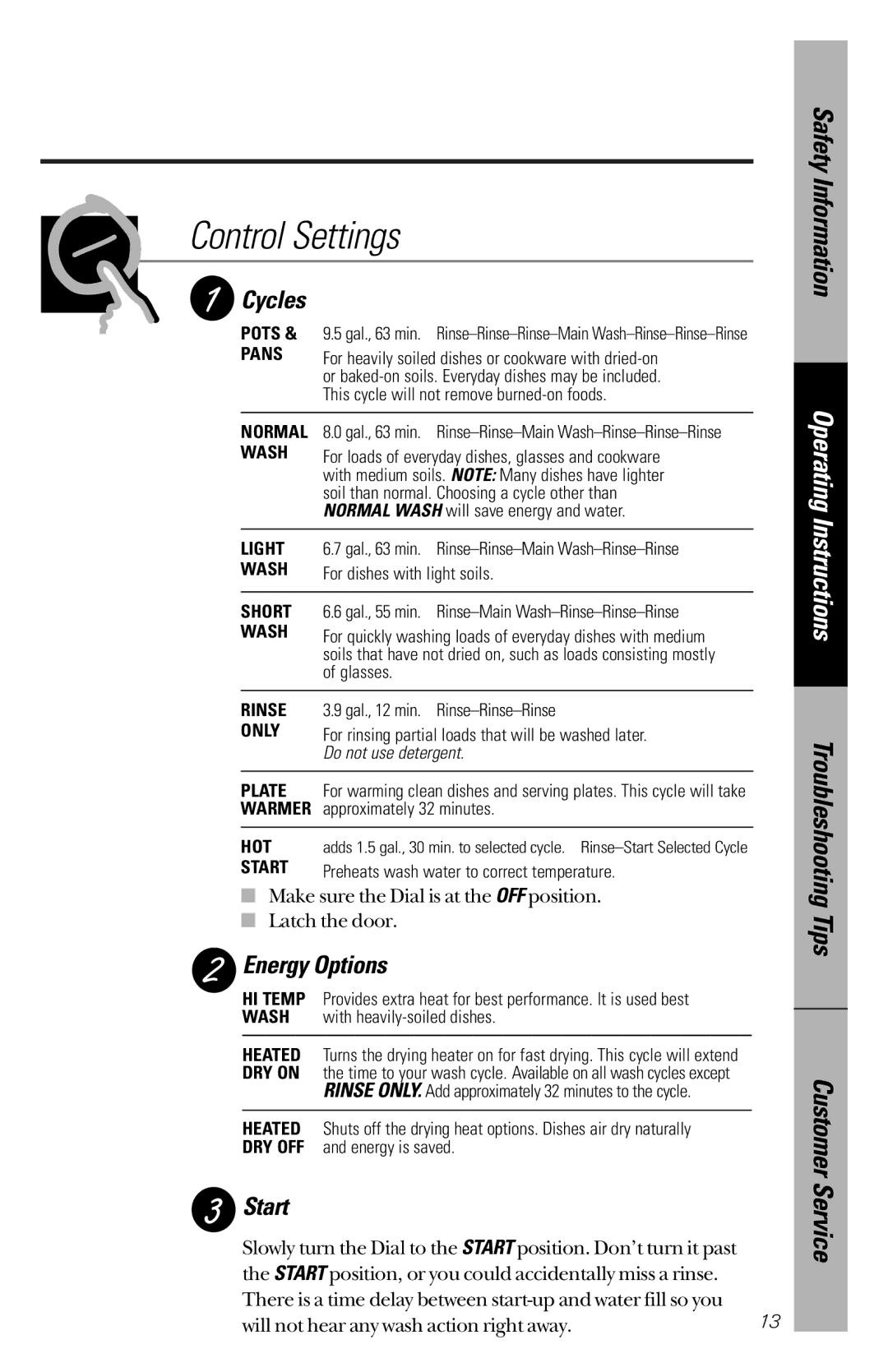 GE GSC3200 owner manual Control Settings, Cycles, Energy Options, Start 