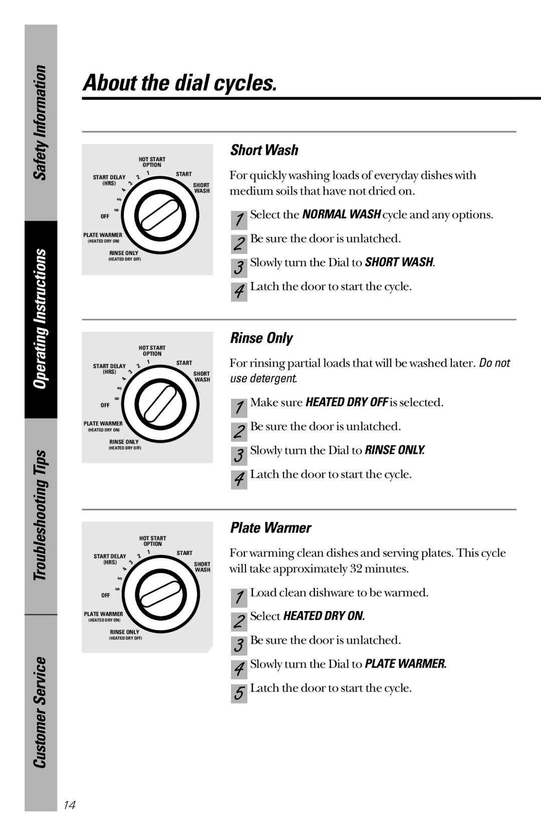 GE GSC3200 owner manual About the dial cycles, Short Wash, Rinse Only, Plate Warmer, Select Heated DRY on 