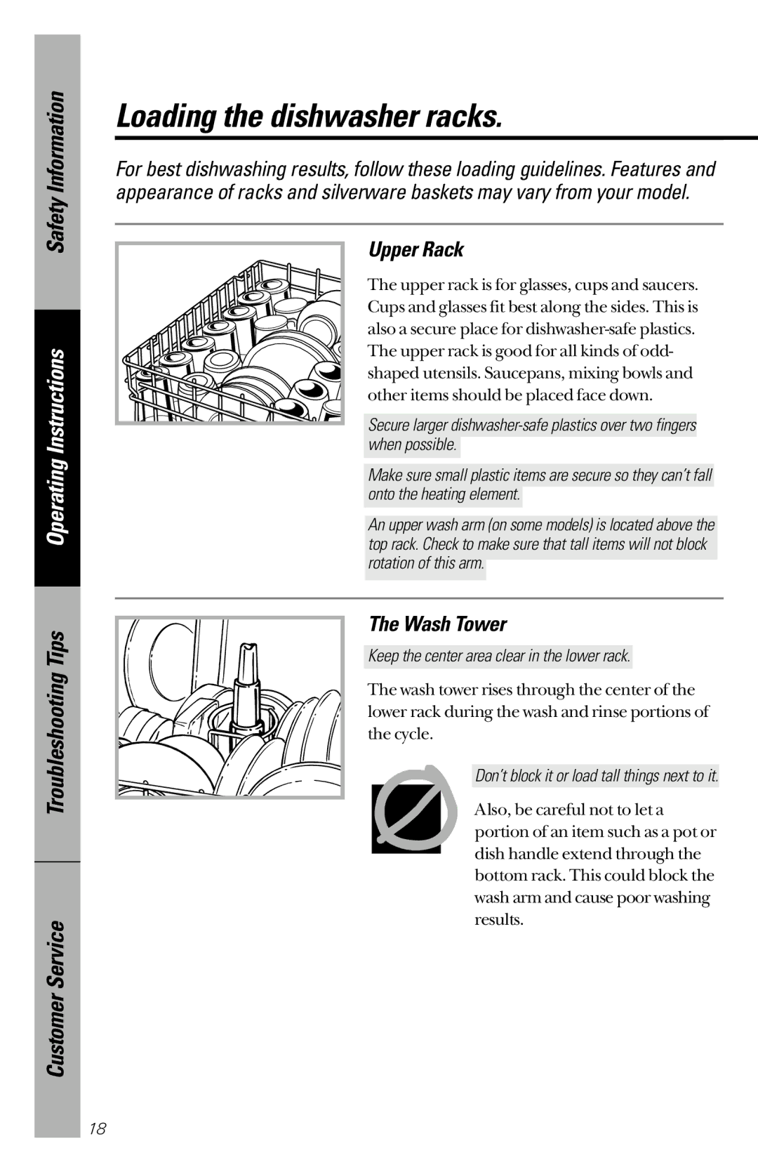 GE GSC3200 owner manual Loading the dishwasher racks, Upper Rack, Wash Tower, Keep the center area clear in the lower rack 