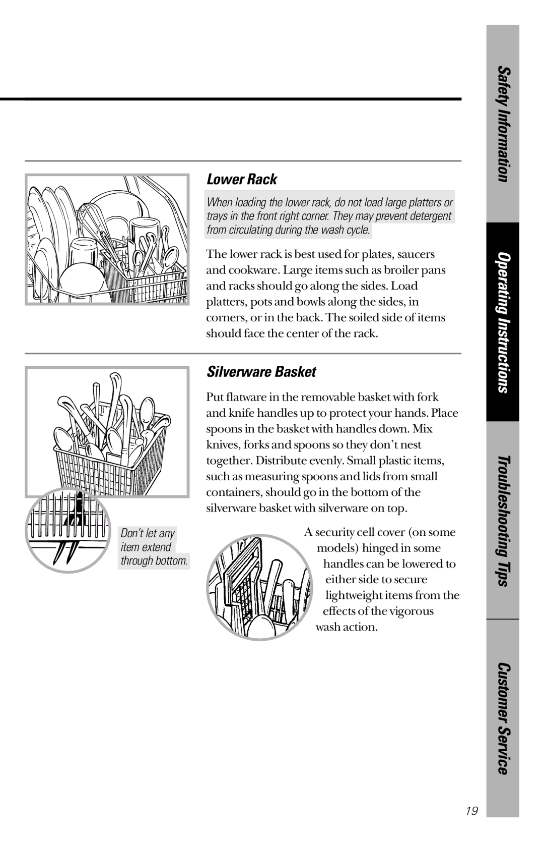 GE GSC3200 owner manual Lower Rack, Silverware Basket, Don’t let any 