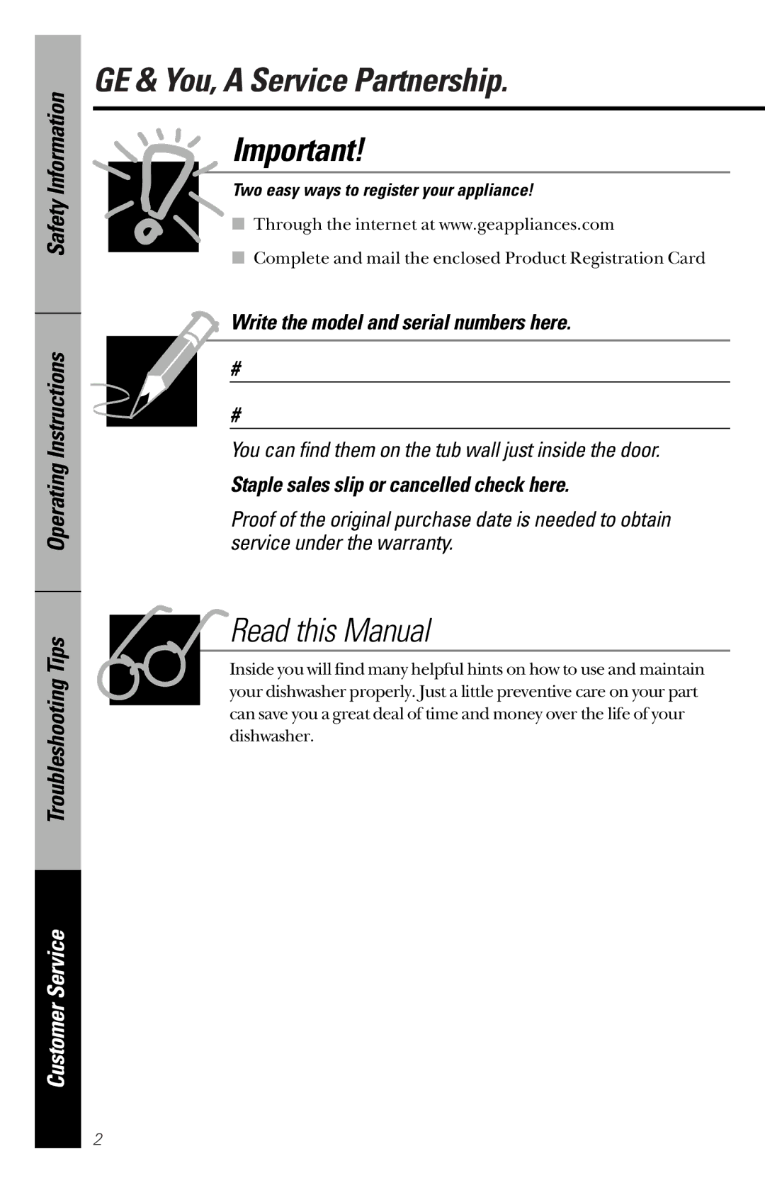 GE GSC3200 owner manual GE & You, a Service Partnership, Read this Manual, Write the model and serial numbers here 