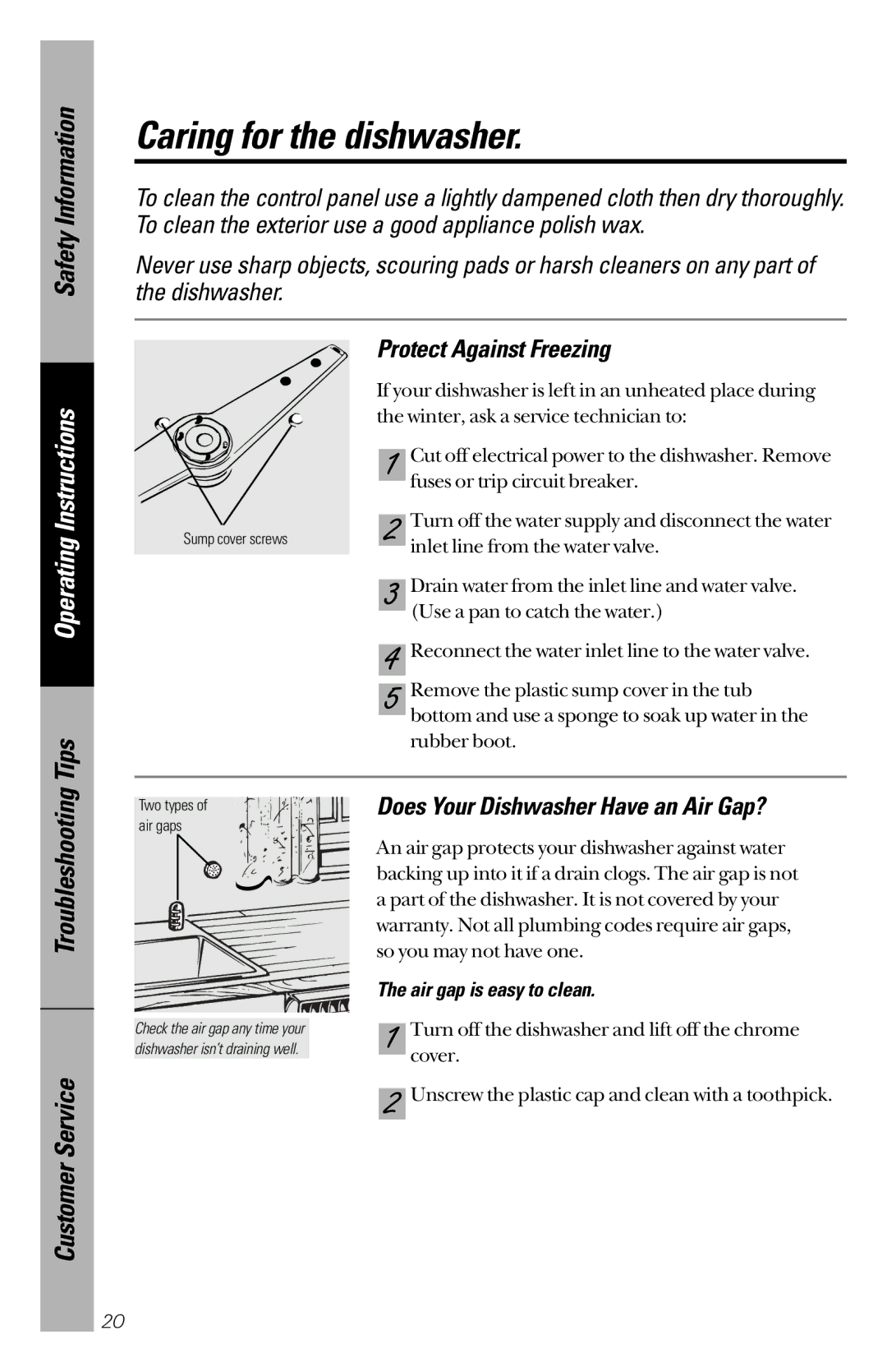 GE GSC3200 owner manual Caring for the dishwasher, Protect Against Freezing, Does Your Dishwasher Have an Air Gap? 