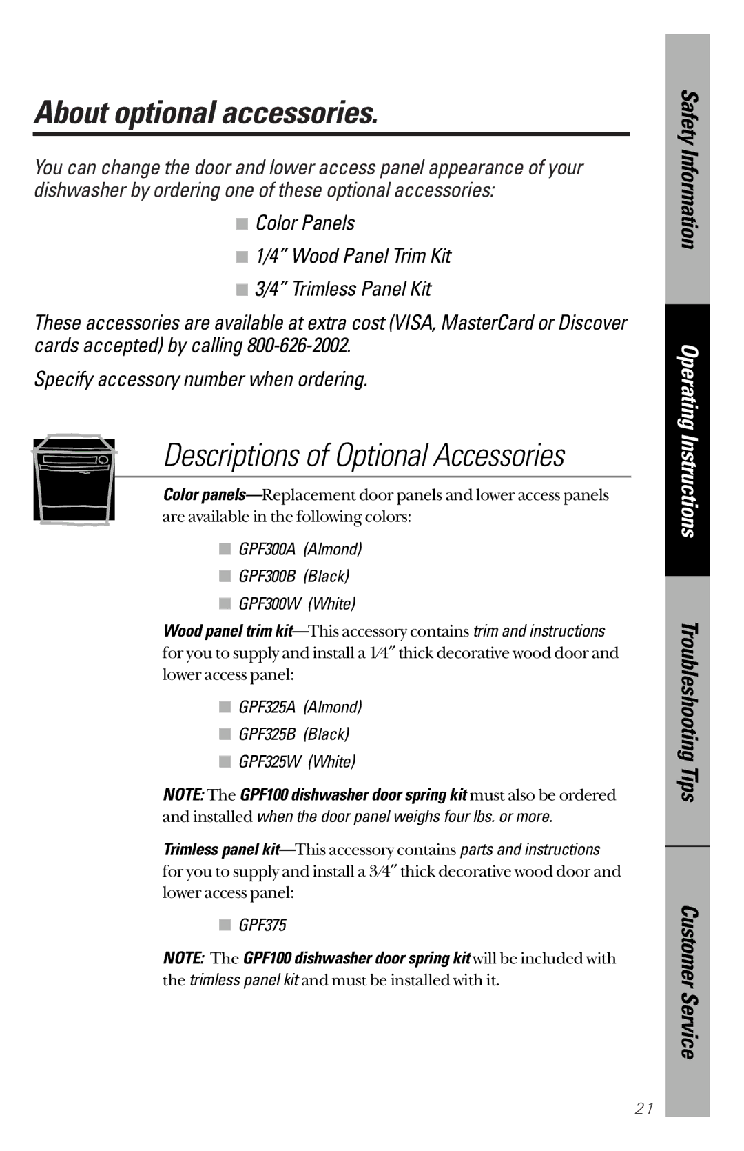 GE GSC3200 owner manual About optional accessories, GPF300A Almond GPF300B Black GPF300W White, GPF375 