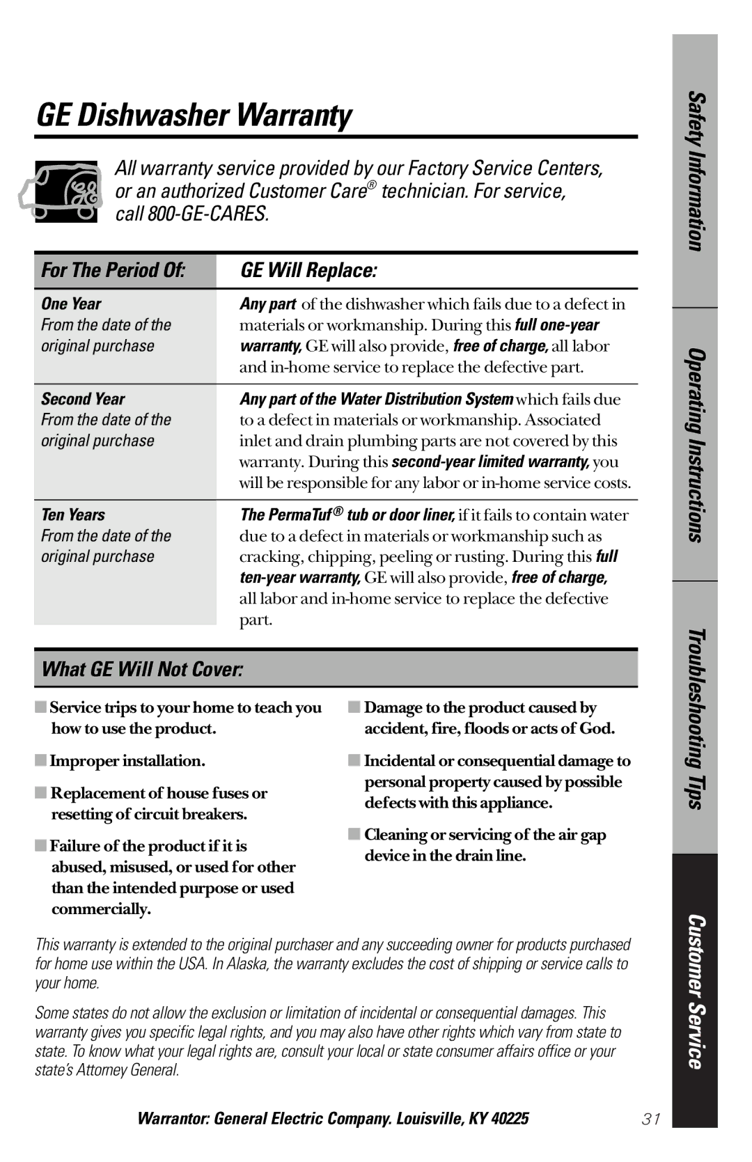 GE GSC3200 owner manual GE Dishwasher Warranty, GE Will Replace, What GE Will Not Cover 