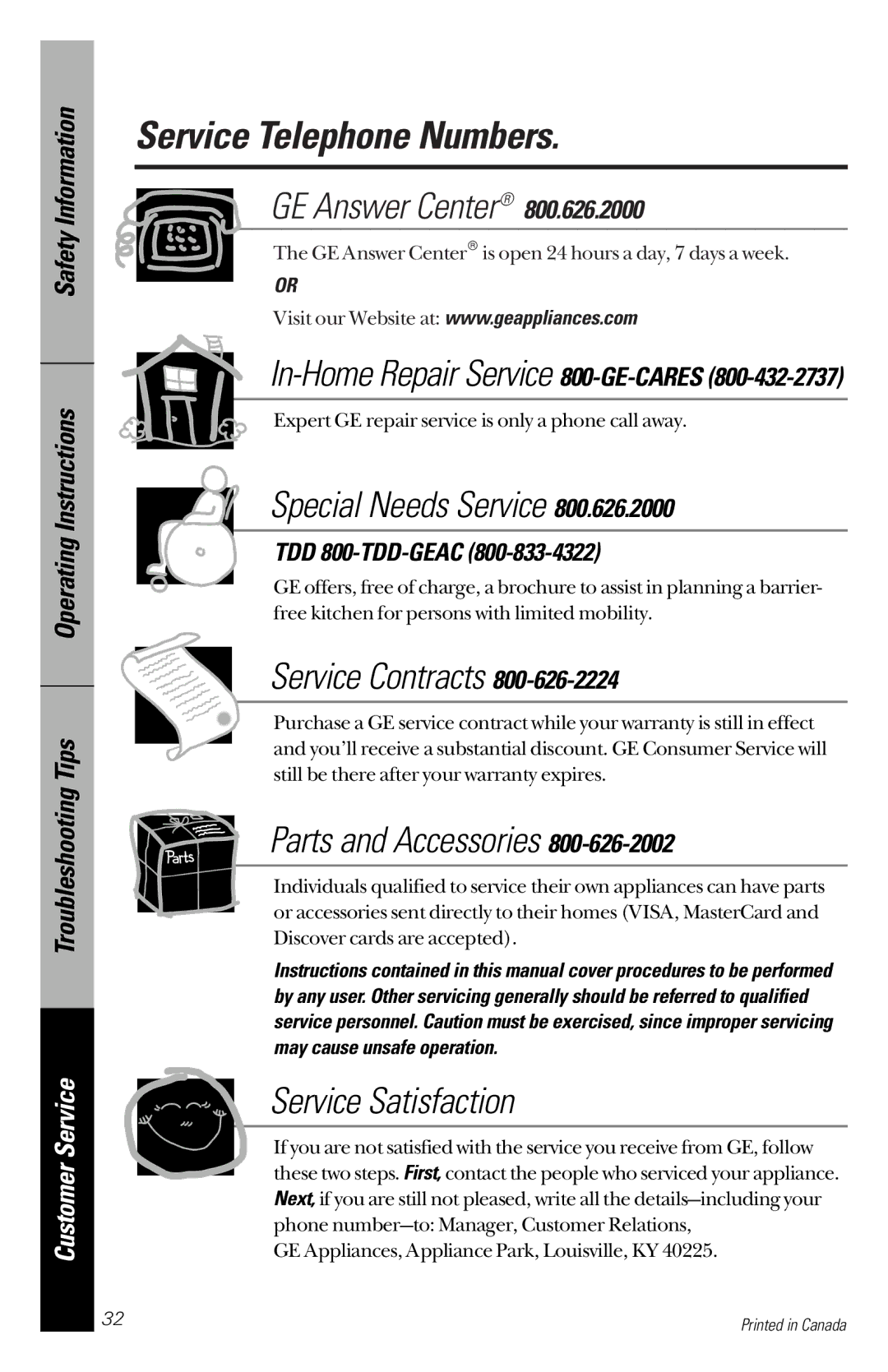 GE GSC3200 owner manual Service Telephone Numbers, In-Home Repair Service 800-GE-CARES, TDD 800-TDD-GEAC 