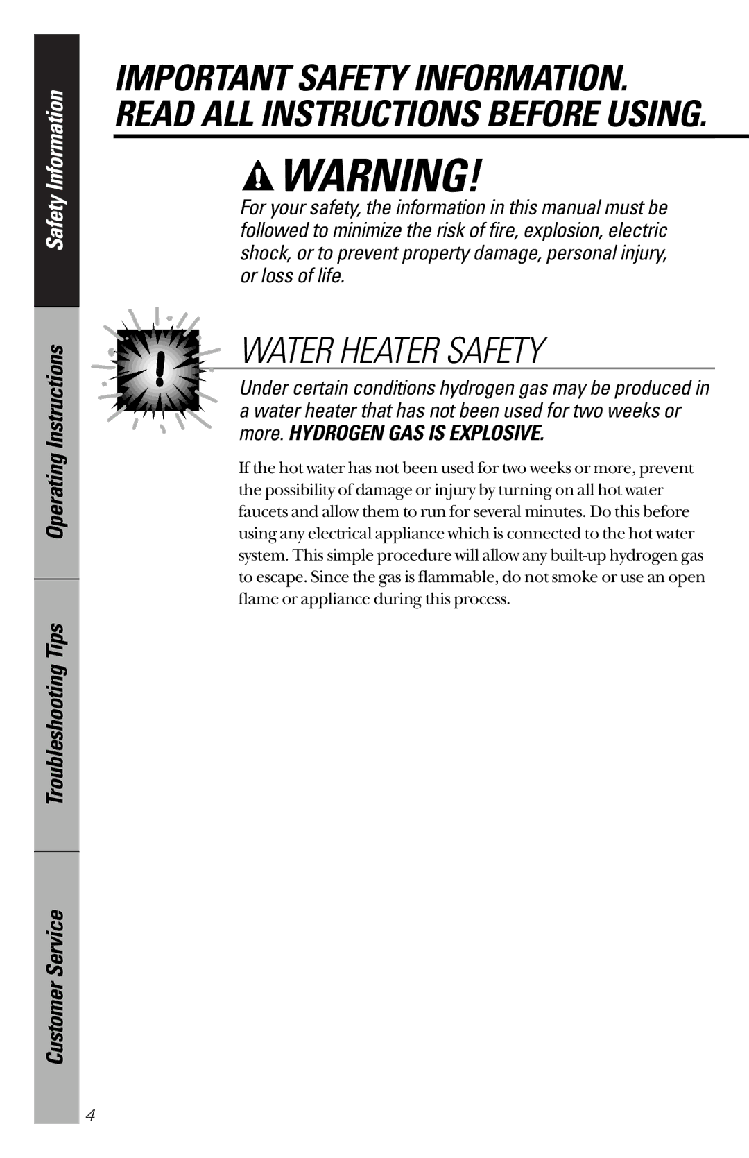 GE GSC3200 owner manual Water Heater Safety 