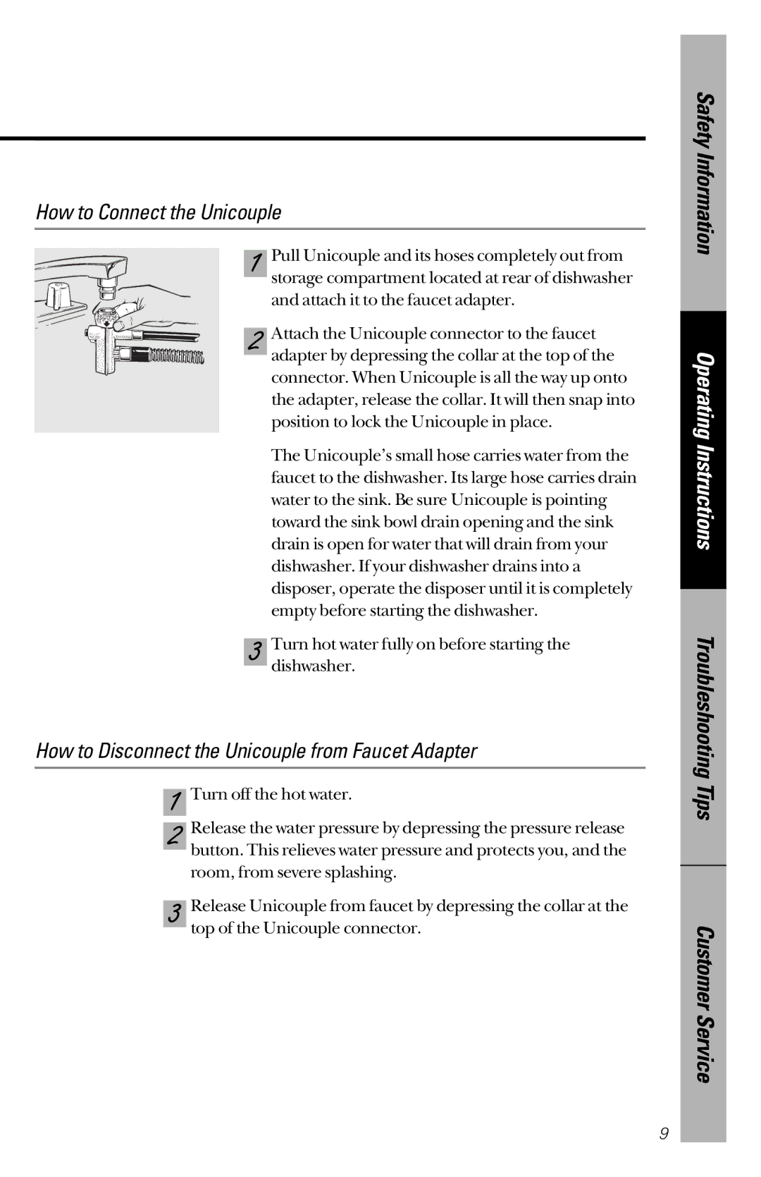 GE GSC3200 owner manual How to Connect the Unicouple, How to Disconnect the Unicouple from Faucet Adapter 