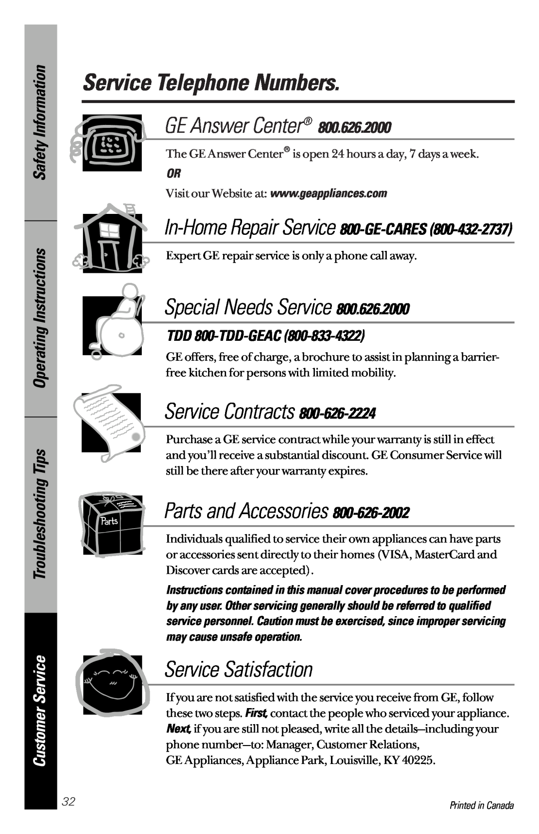 GE GSC3200 Service Telephone Numbers, GE Answer Center, Special Needs Service, Service Contracts, Parts and Accessories 