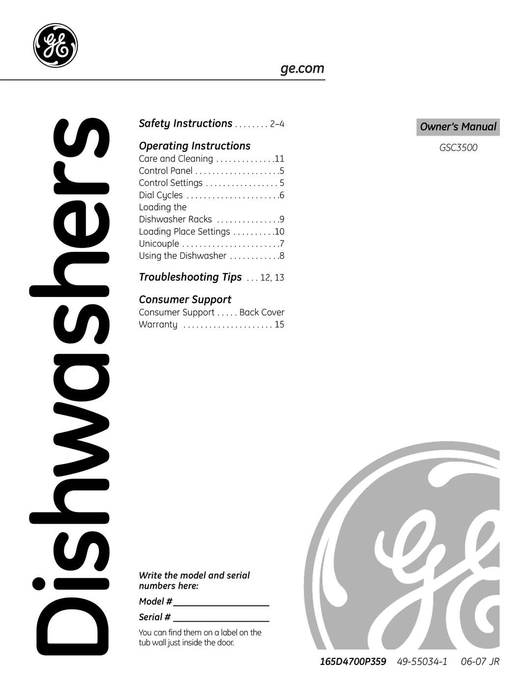 GE GSC3500 owner manual Dishwashers, Write the model and serial numbers here Model # Serial # 