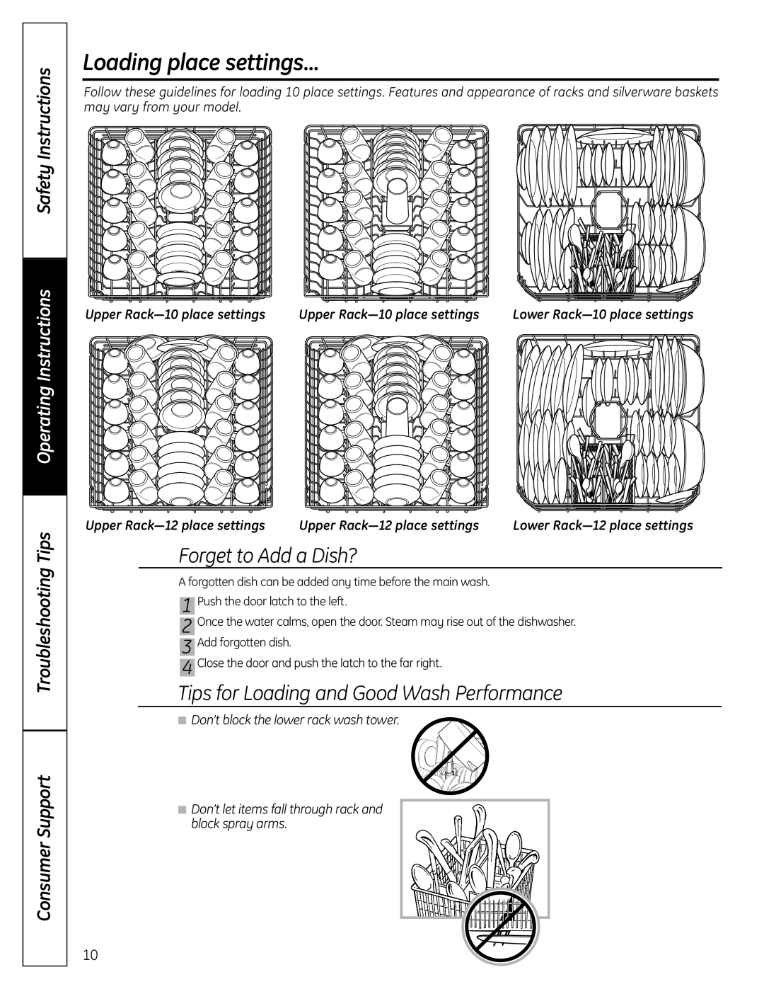 GE GSC3500 owner manual Loading place settings, Upper Rack-10 place settings, Upper Rack-12 place settings 