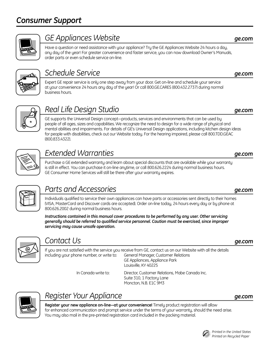 GE GSC3500 Consumer Support GE Appliances Website, Schedule Service, Real Life Design Studio, Extended Warranties 