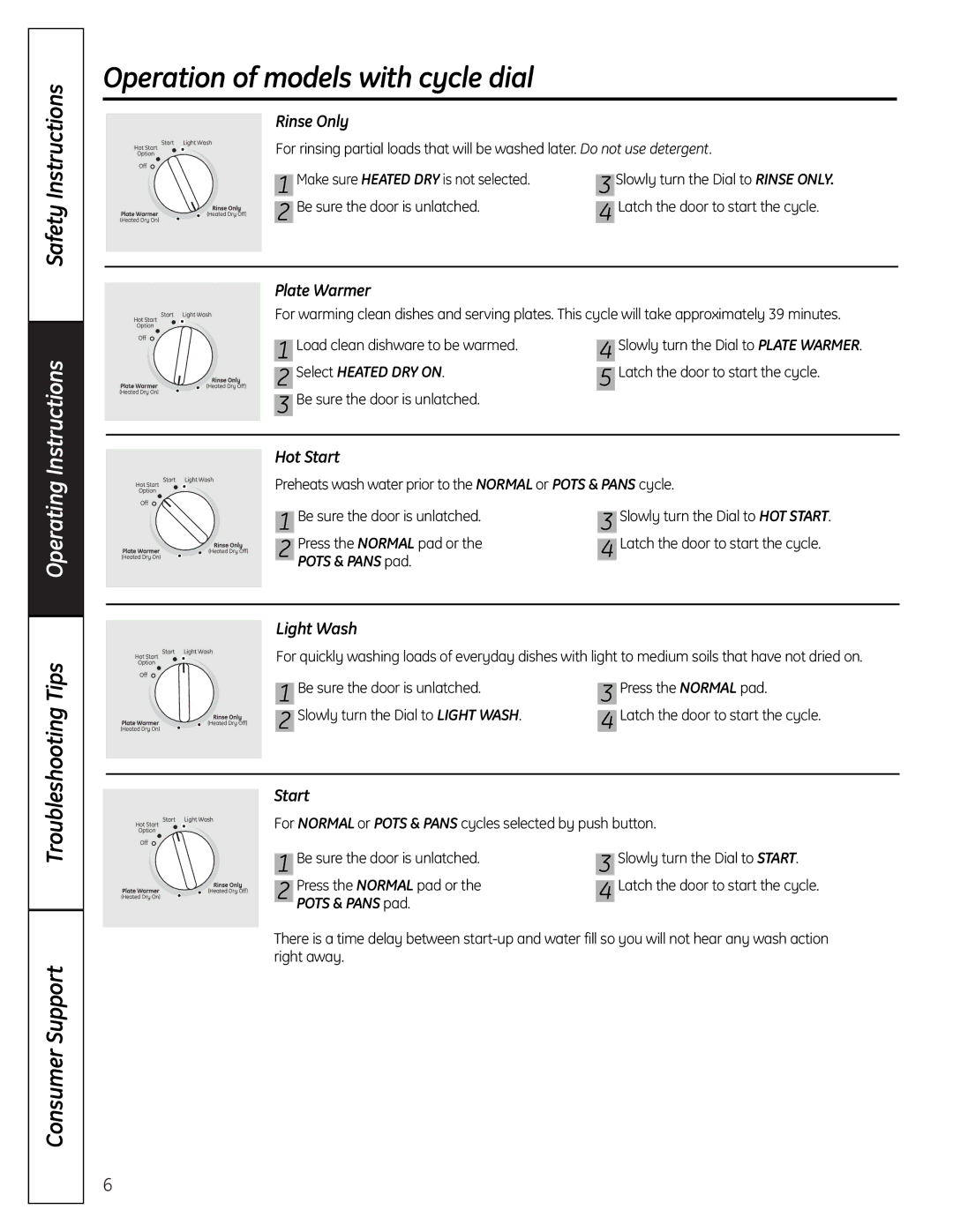 GE GSC3500 owner manual Operation of models with cycle dial, Rinse Only, Plate Warmer, Hot Start 