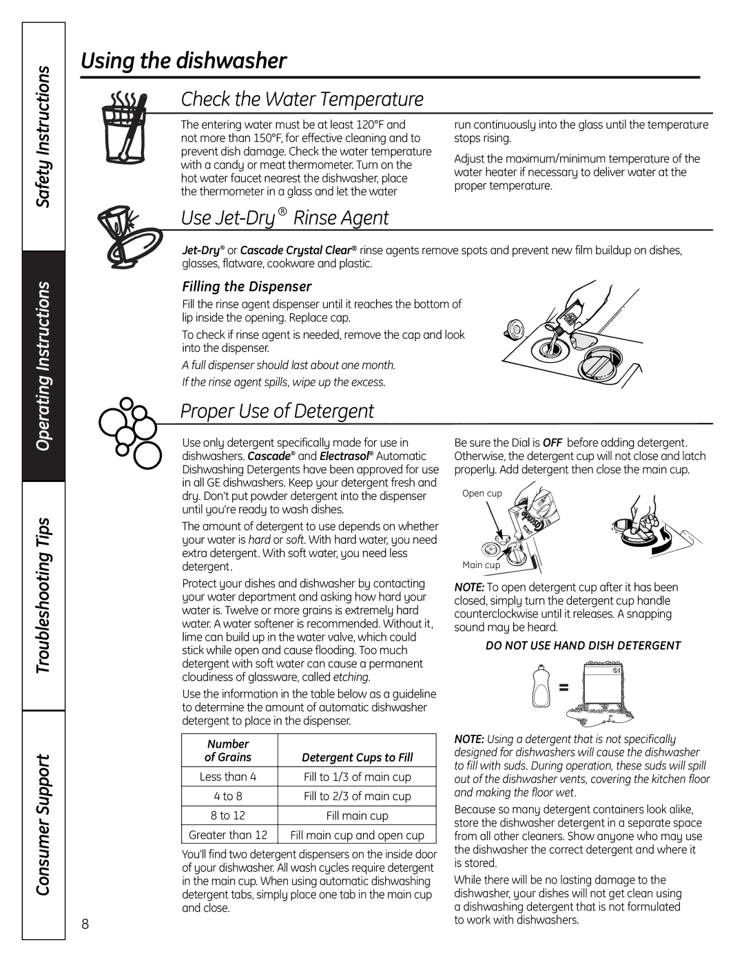 GE GSC3500 owner manual Using the dishwasher, Filling the Dispenser, Number 