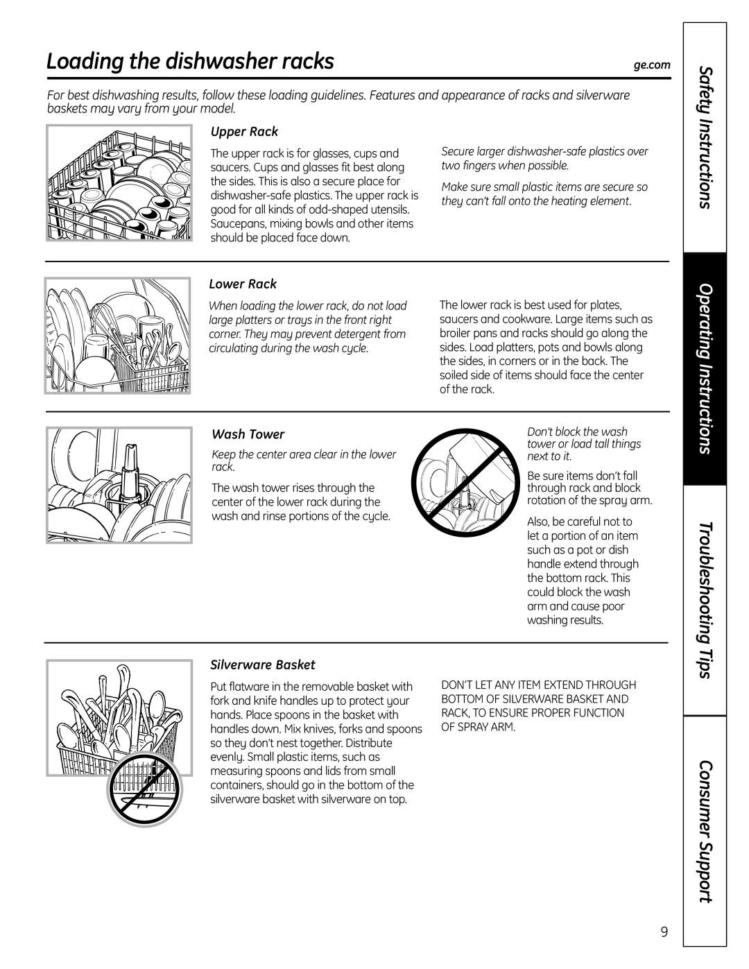 GE GSC3500 owner manual Loading the dishwasher racks, Safety, Instructions, Tips Consumer Support 