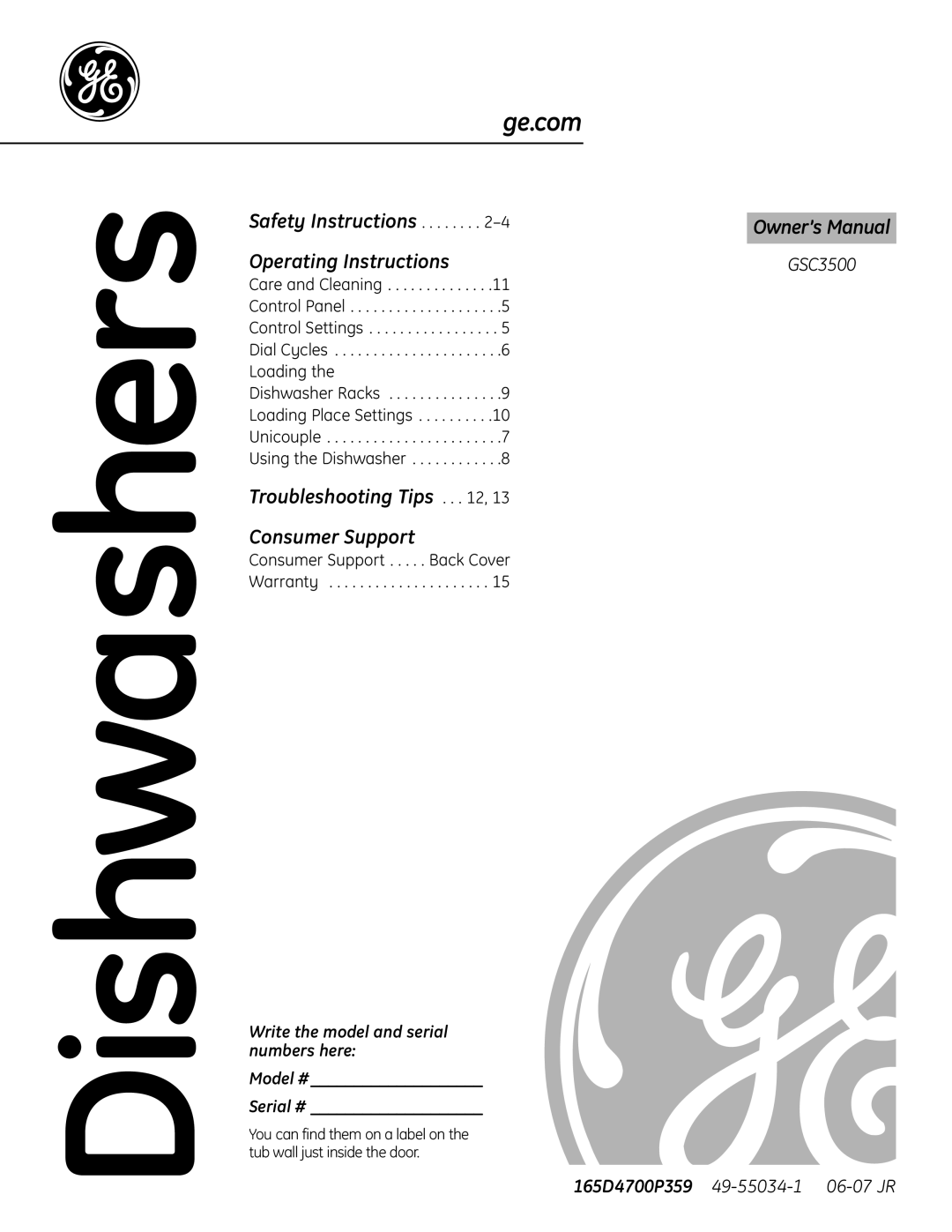 GE GSC3500 owner manual Safety Instructions, Operating Instructions, Troubleshooting Tips . . . 12 Consumer Support 