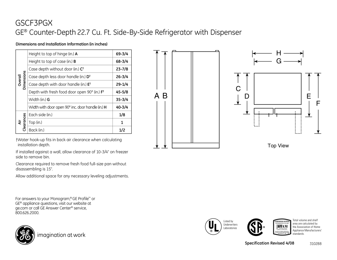 GE GSCF3PGXWW, GSCF3PGXBB, GSS25KGT dimensions GSCF3PGX, Top View, 40-3/4, Each side Top Back, Specification Revised 4/08 