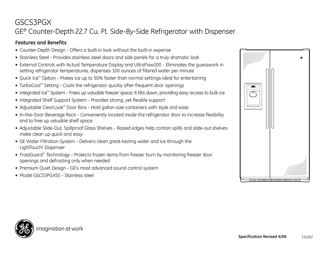 GE GSCS3PGX dimensions Features and Benefits 