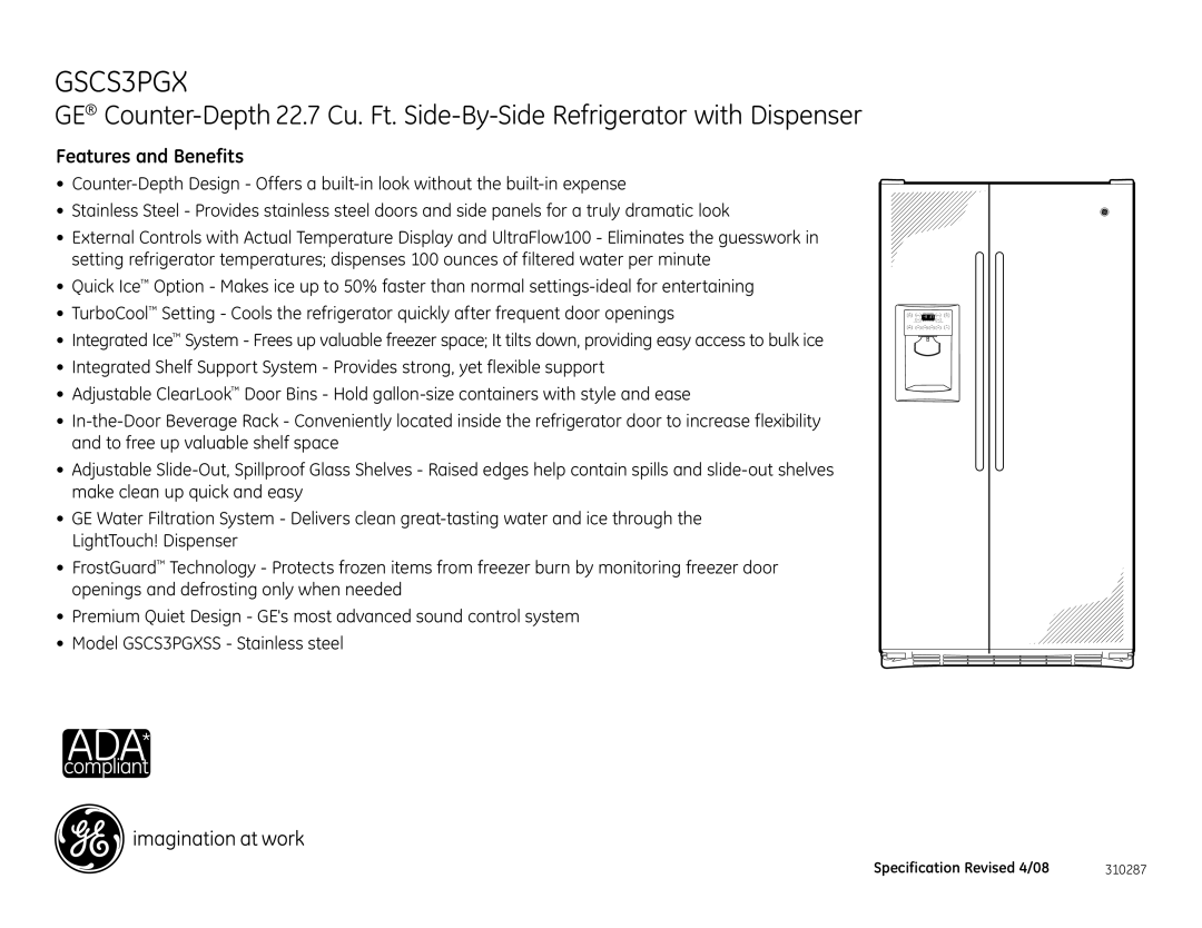 GE GSCS3PGXSS dimensions Features and Benefits 