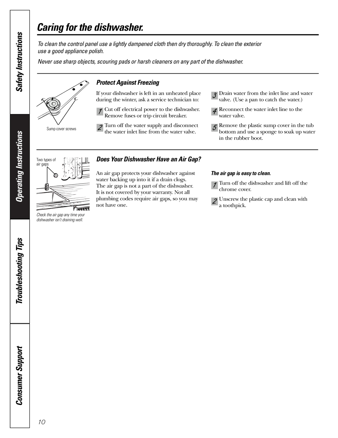 GE GSD 5200 owner manual Caring for the dishwasher, Protect Against Freezing, Air gap is easy to clean 