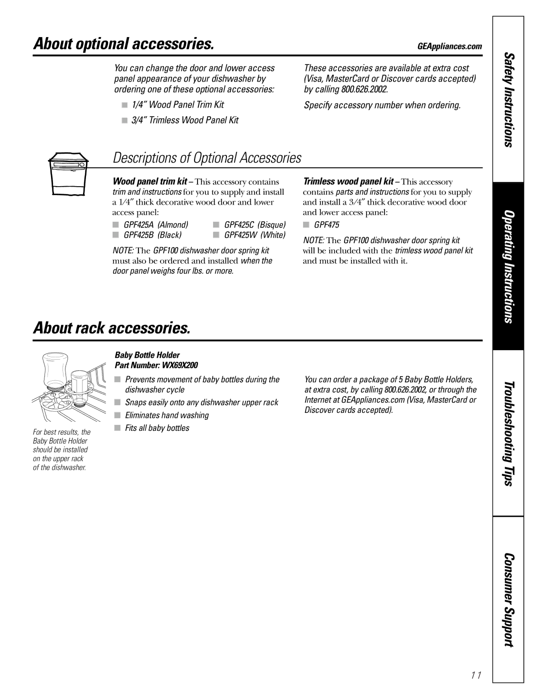 GE GSD 5200 owner manual About optional accessories, About rack accessories, Descriptions of Optional Accessories 