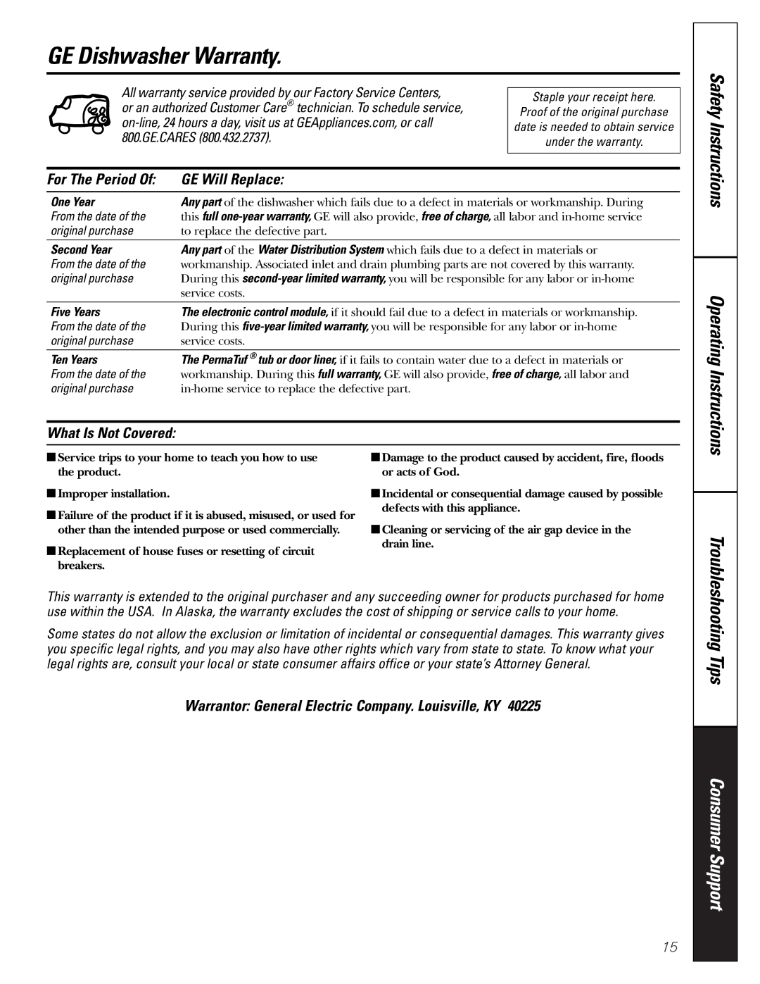 GE GSD 5200 GE Dishwasher Warranty, For The Period GE Will Replace, What Is Not Covered, Operating Instructions 