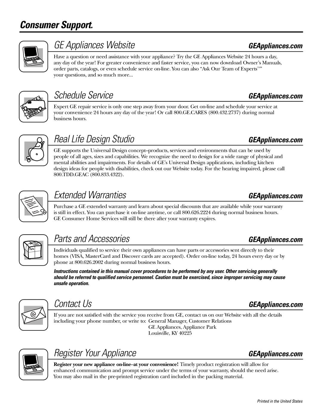 GE GSD 5200 Consumer Support GE Appliances Website, Schedule Service, Real Life Design Studio, Extended Warranties 