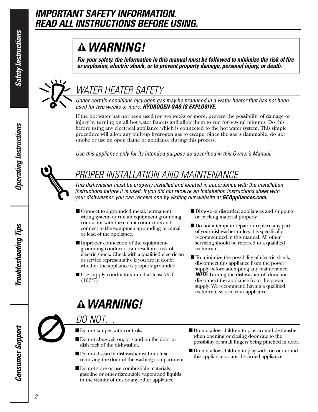 GE GSD 5200 owner manual Water Heater Safety, Consumer Support 