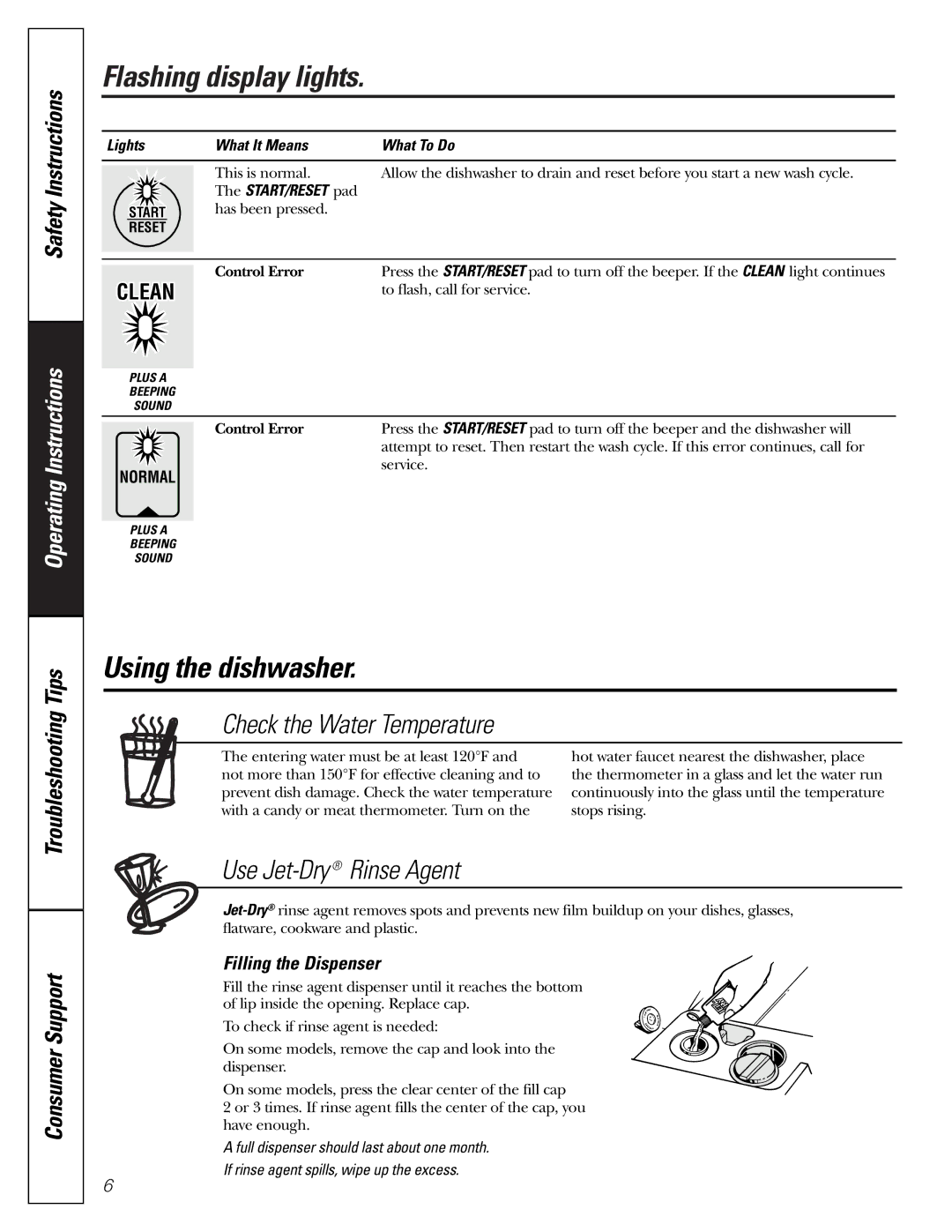 GE GSD 5200 Flashing display lights, Using the dishwasher, Check the Water Temperature, Use Jet-Dry Rinse Agent 