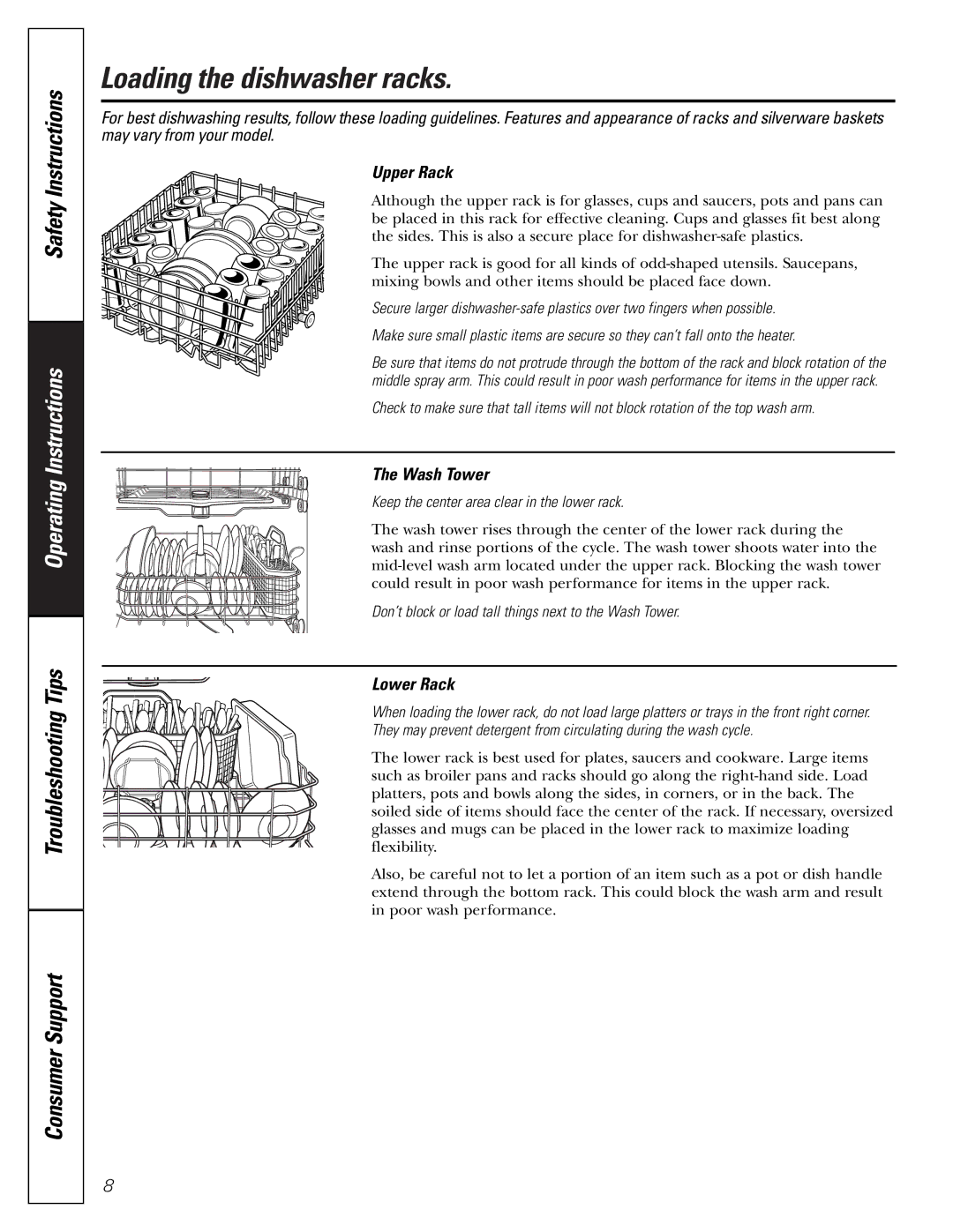 GE GSD 5200 owner manual Loading the dishwasher racks, Upper Rack, Wash Tower, Lower Rack 