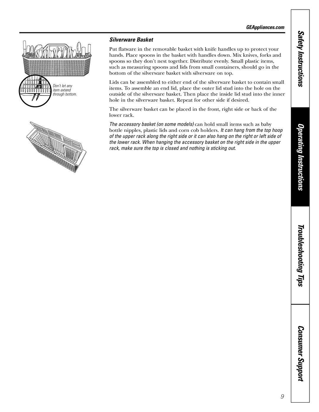 GE GSD 5200 owner manual Silverware Basket, Safety 