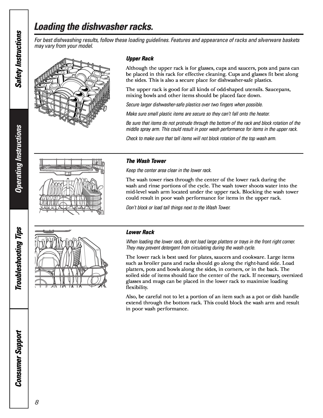 GE GSD 5200 owner manual Loading the dishwasher racks, Upper Rack, The Wash Tower, Lower Rack, Safety Instructions 