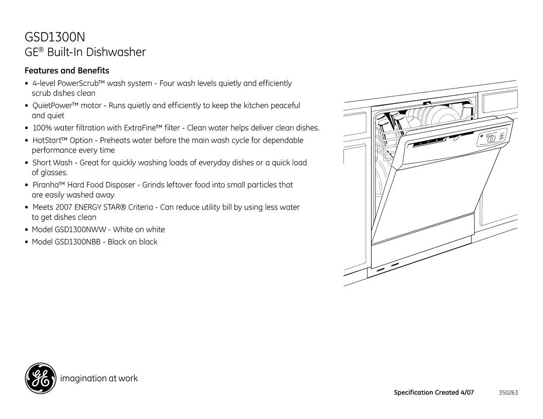 GE GSD1300N dimensions Features and Benefits 