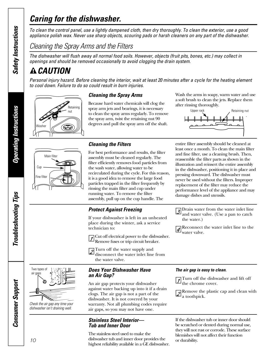 GE GSD1807 owner manual Caring for the dishwasher 