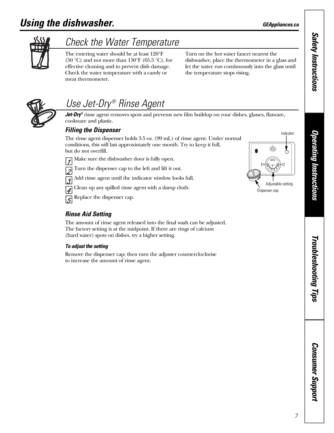 GE GSD1807 owner manual Using the dishwasher, Filling the Dispenser, Rinse Aid Setting, To adjust the setting 