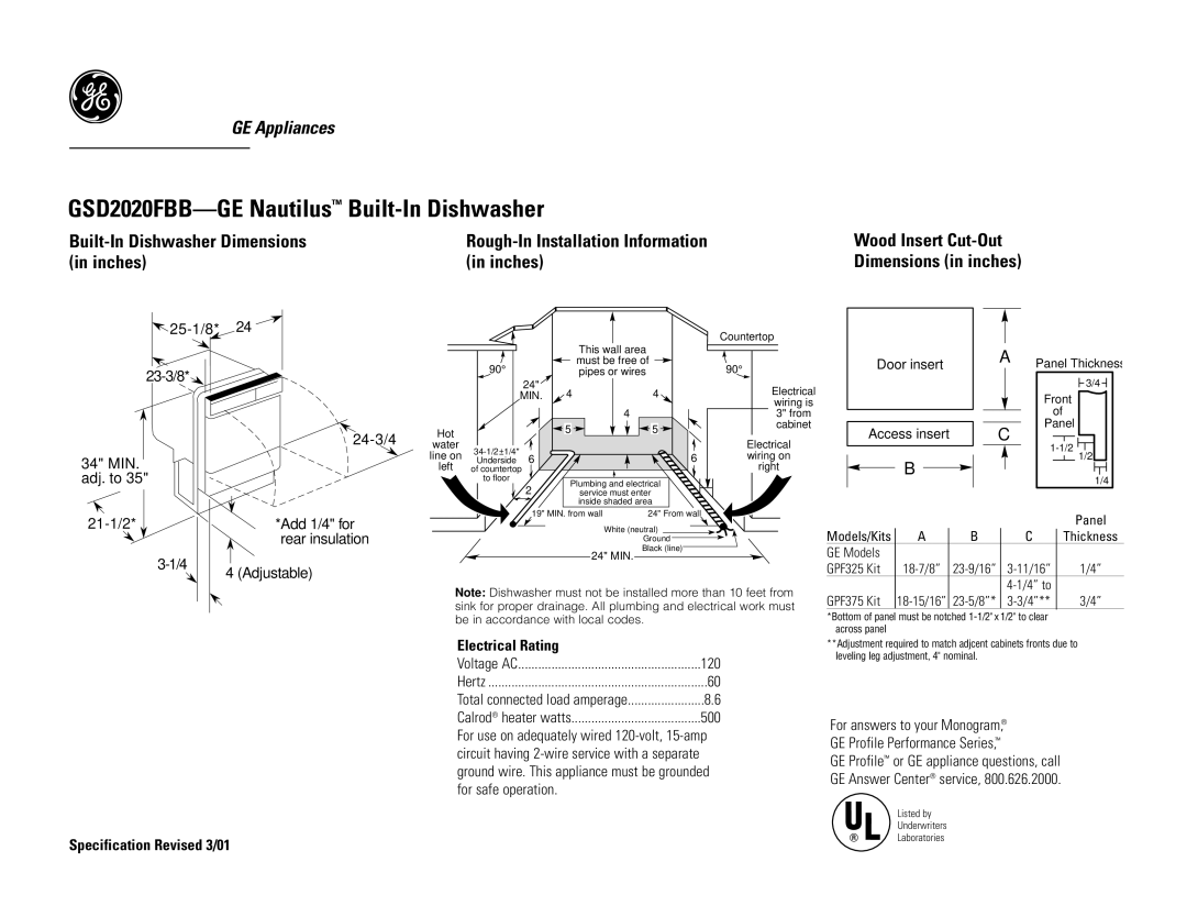 GE GSD2000FAD dimensions Rough-In Installation Information, Wood Insert Cut-Out Dimensions in inches, Electrical Rating 