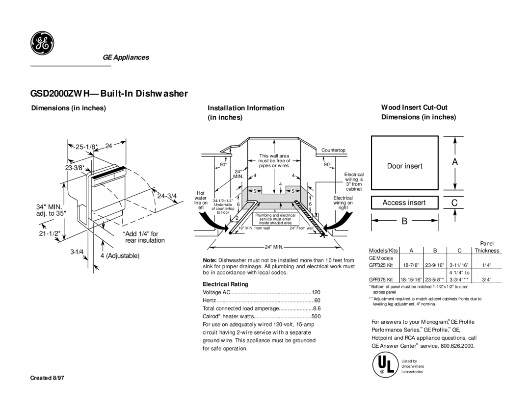 GE GSD2000ZWH dimensions Dimensions in inches, Electrical Rating, Created 8/97 