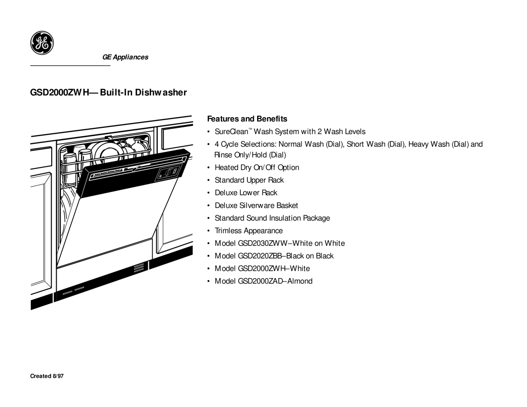 GE GSD2000ZWH dimensions Features and Benefits 