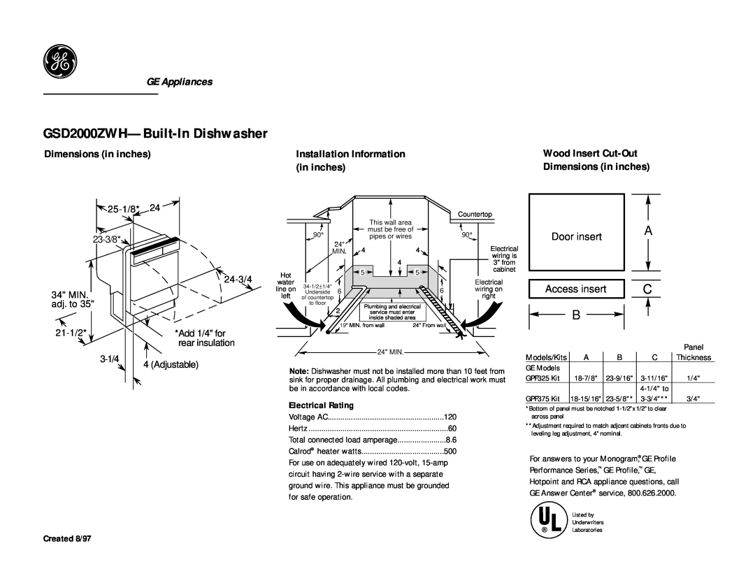 GE dimensions GSD2000ZWH-Built-InDishwasher, GE Appliances, Dimensions in inches, Installation Information, Door insert 