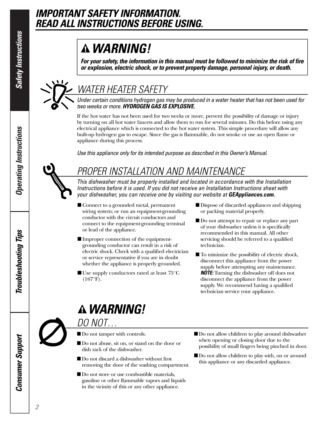 GE GSD1200, GSD2001, GSD1900 Operating Instructions, Troubleshooting Tips, Two weeks or more. Hydrogen GAS is Explosive 