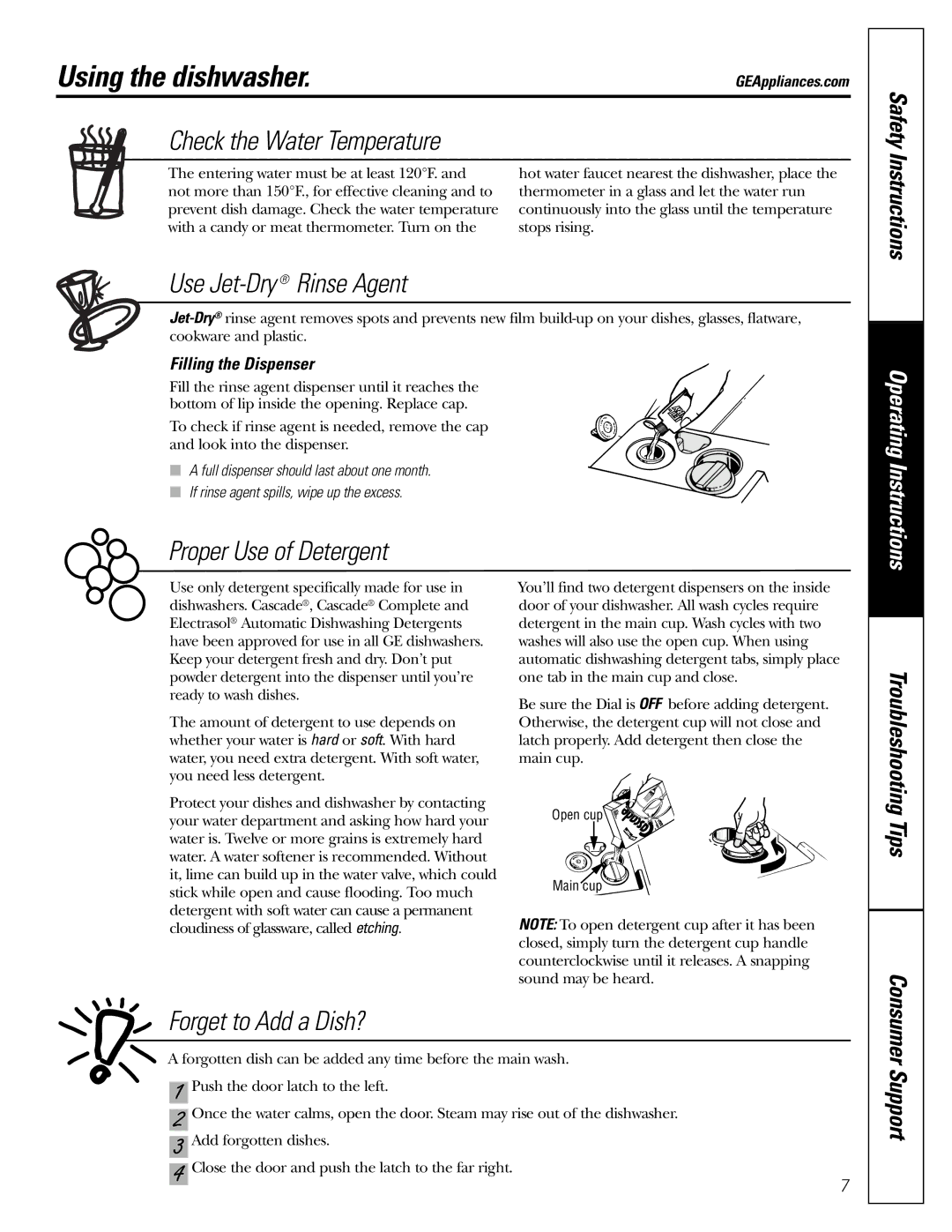 GE GSD1200, GSD2001, GSD1900, GSD1000, GSD1100 owner manual Using the dishwasher, Filling the Dispenser 