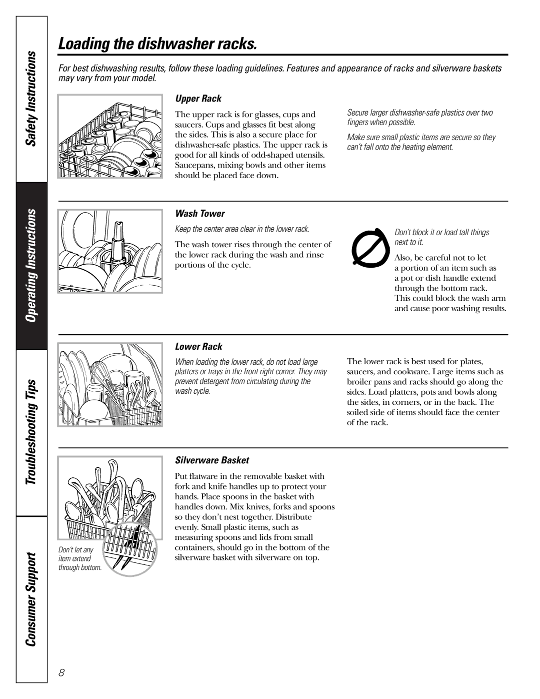 GE GSD1000, GSD2001, GSD1900, GSD1200, GSD1100 owner manual Loading the dishwasher racks, Instructions, Safety 