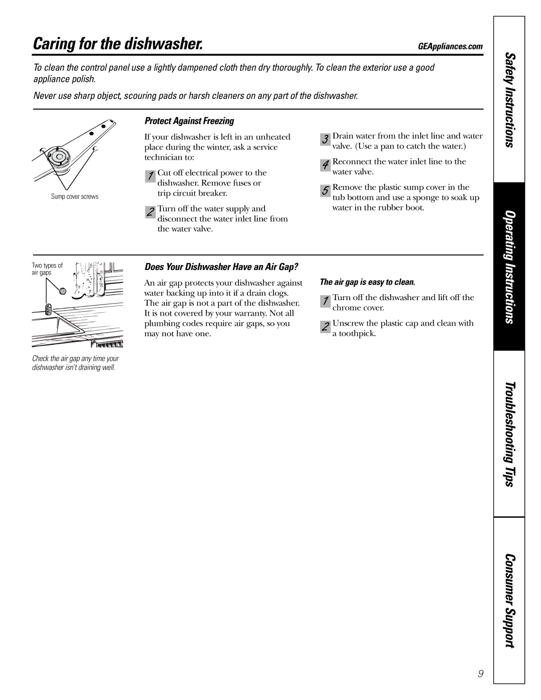 GE GSD1100, GSD2001, GSD1900 Caring for the dishwasher, Protect Against Freezing, Does Your Dishwasher Have an Air Gap? 