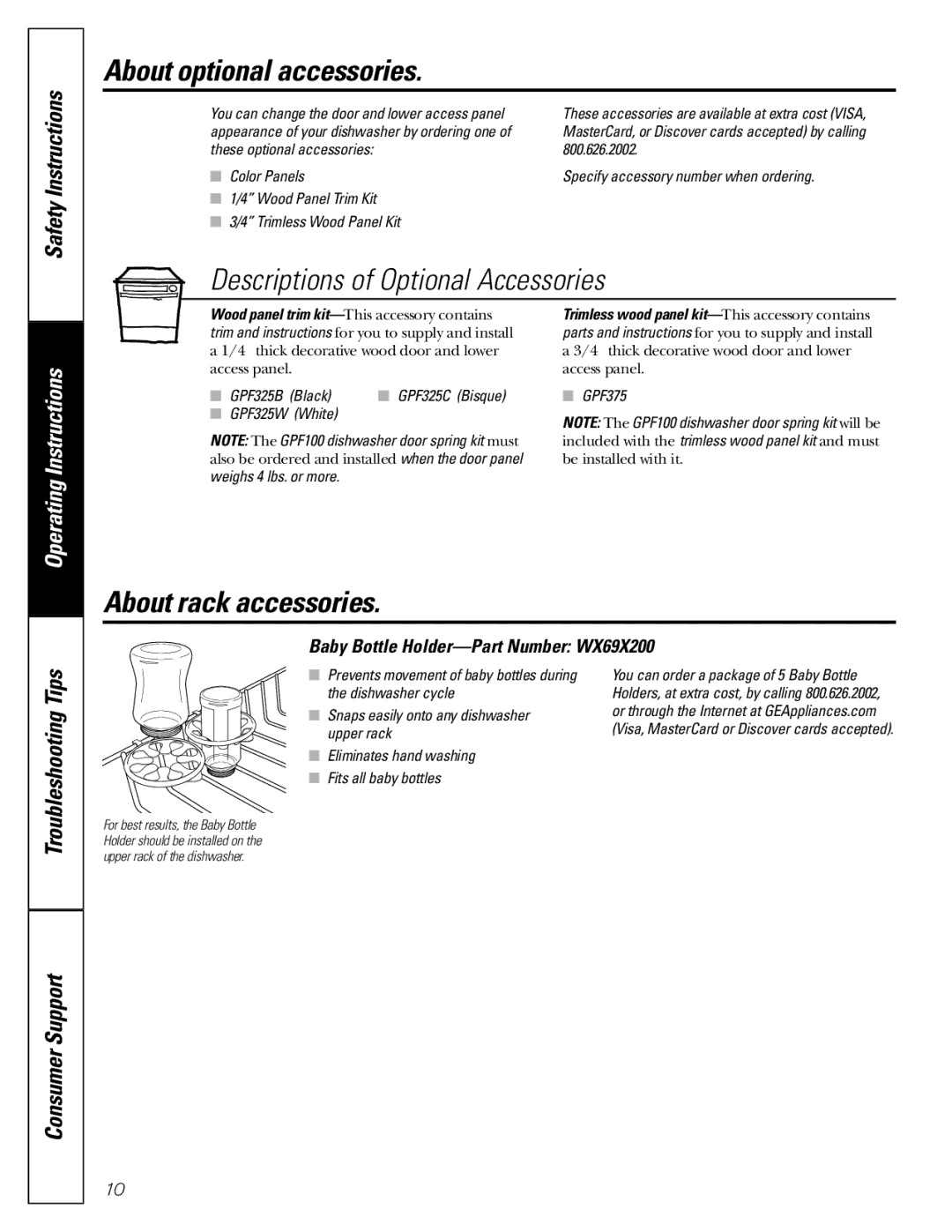 GE GSD1000G About optional accessories, Descriptions of Optional Accessories, About rack accessories, Troubleshooting Tips 