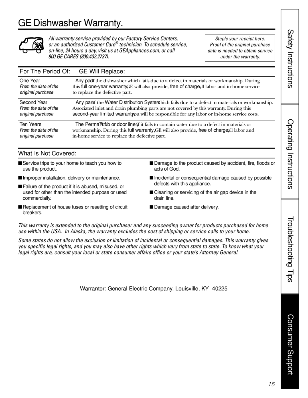 GE GSD1100G GE Dishwasher Warranty, For The Period GE Will Replace, Warrantor General Electric Company. Louisville, KY 