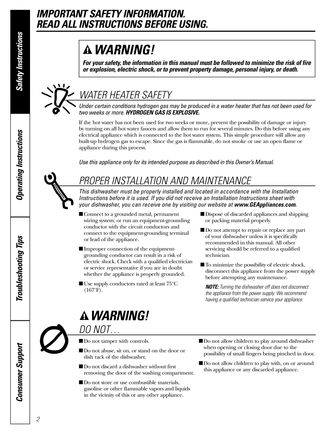 GE GSD1900J, GSD2001J, GSD2000J, GSD1100G, GSD1000G, GSD1200G owner manual Water Heater Safety 