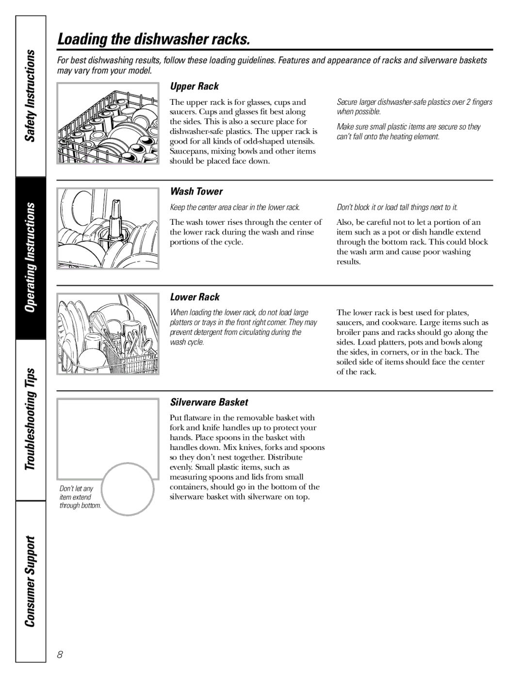 GE GSD1900J, GSD2001J, GSD2000J Loading the dishwasher racks, Upper Rack, Wash Tower, Lower Rack, Silverware Basket 